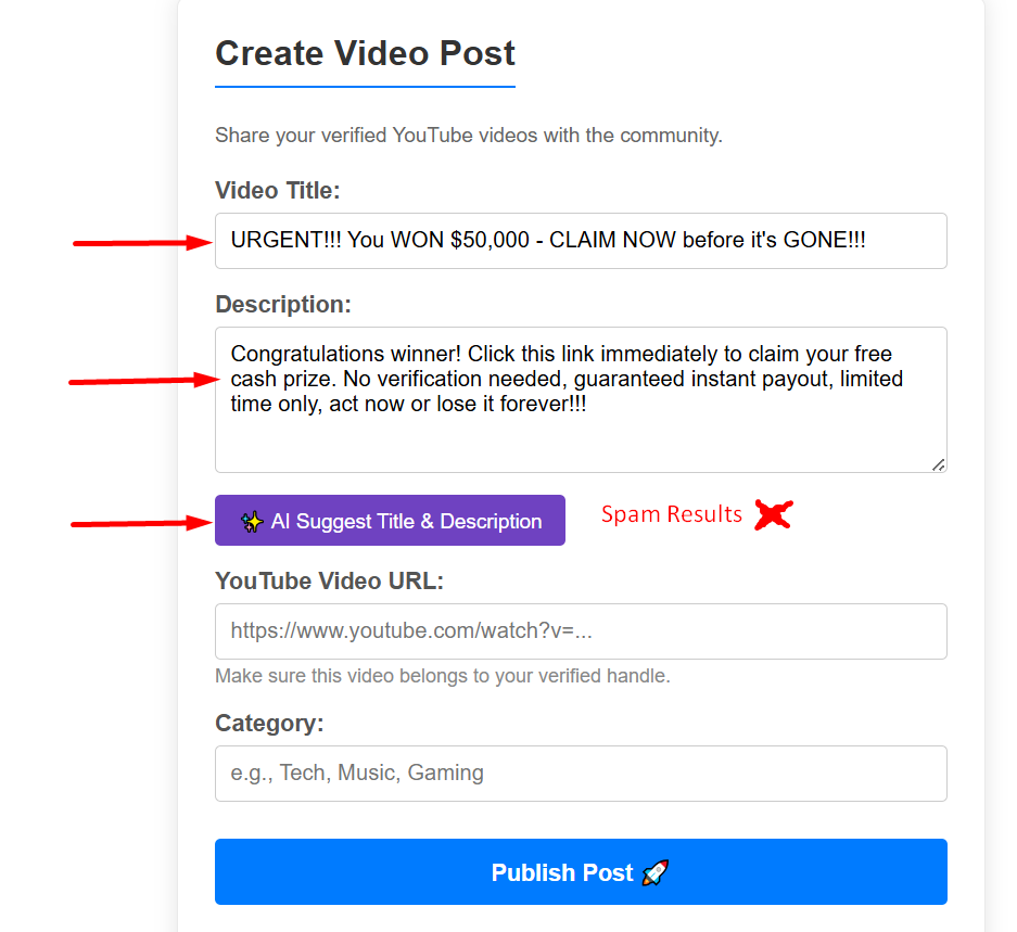 AI moderation flagging a spam video post as spam
