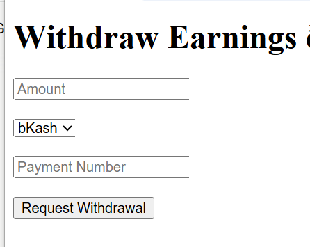 Withdraw earnings screen with amount, method and payout request